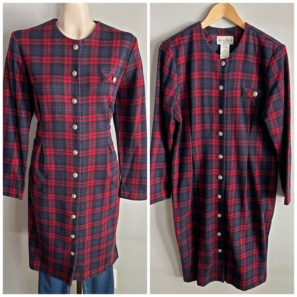 Vintage Miss Dorby Plaid Dress | Red Navy Button Midi Shift Dress | 80s Retro